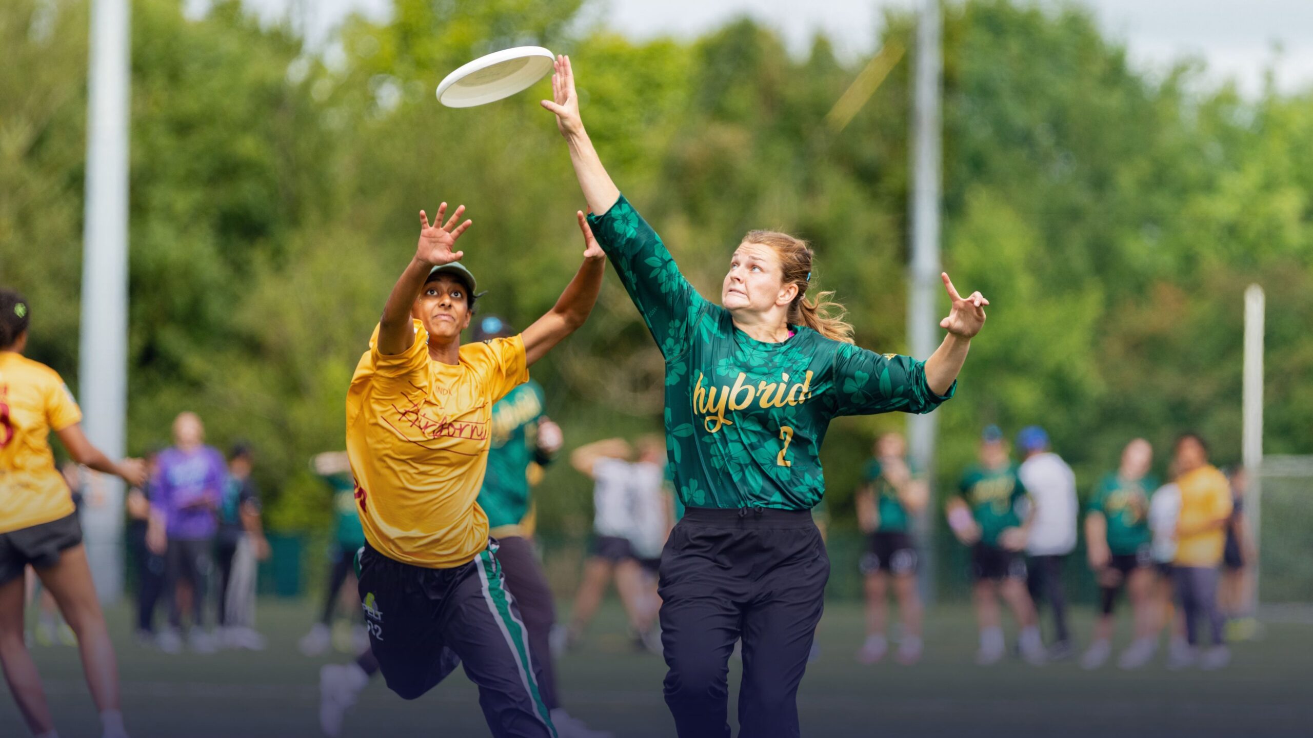 Two women in a mixed ultimate frisbee game reach up to contest a flying disc, with one player in a yellow jersey and the other in a green jersey.